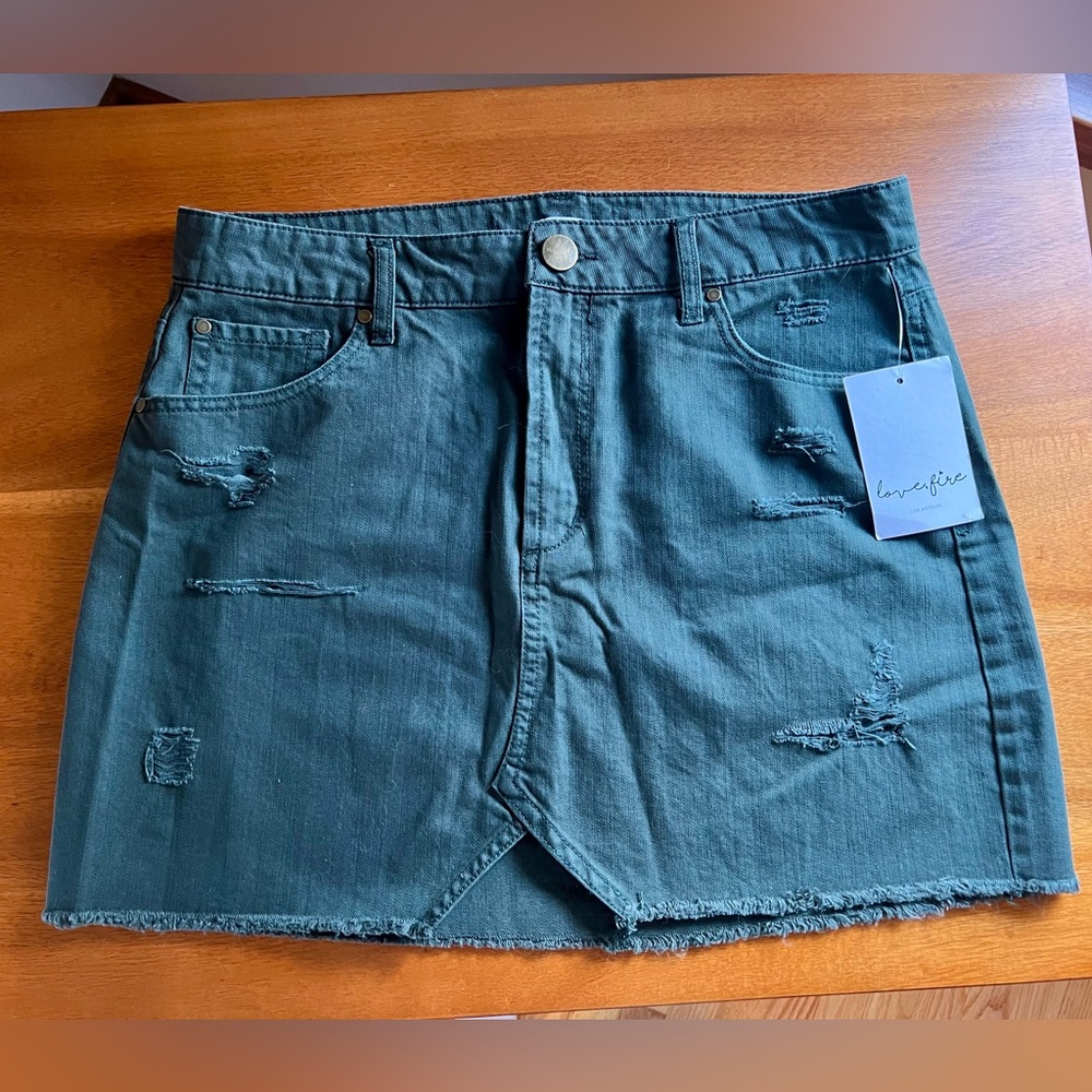 Love, Fire Dar Green Jean Skirt